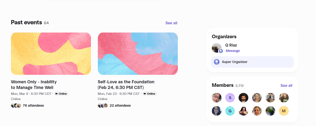 Screenshot of Meetup past events and member count for Inner Brilliance Circle.
