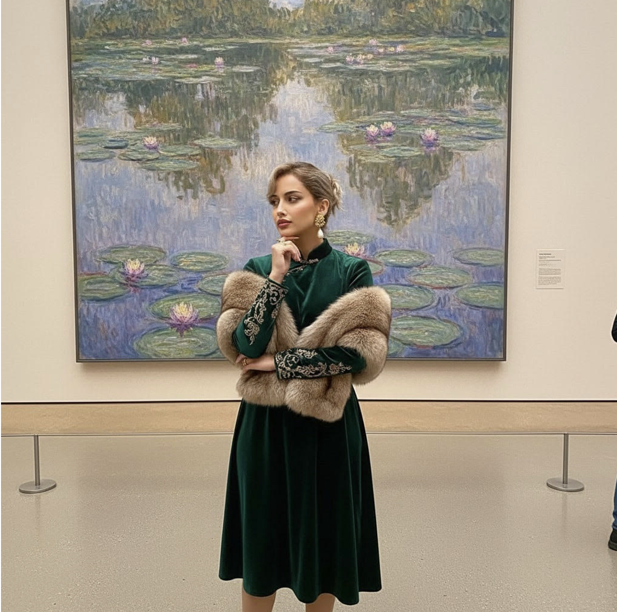 Amy Bloom posed before a Monet water-lilies painting in a museum gallery.